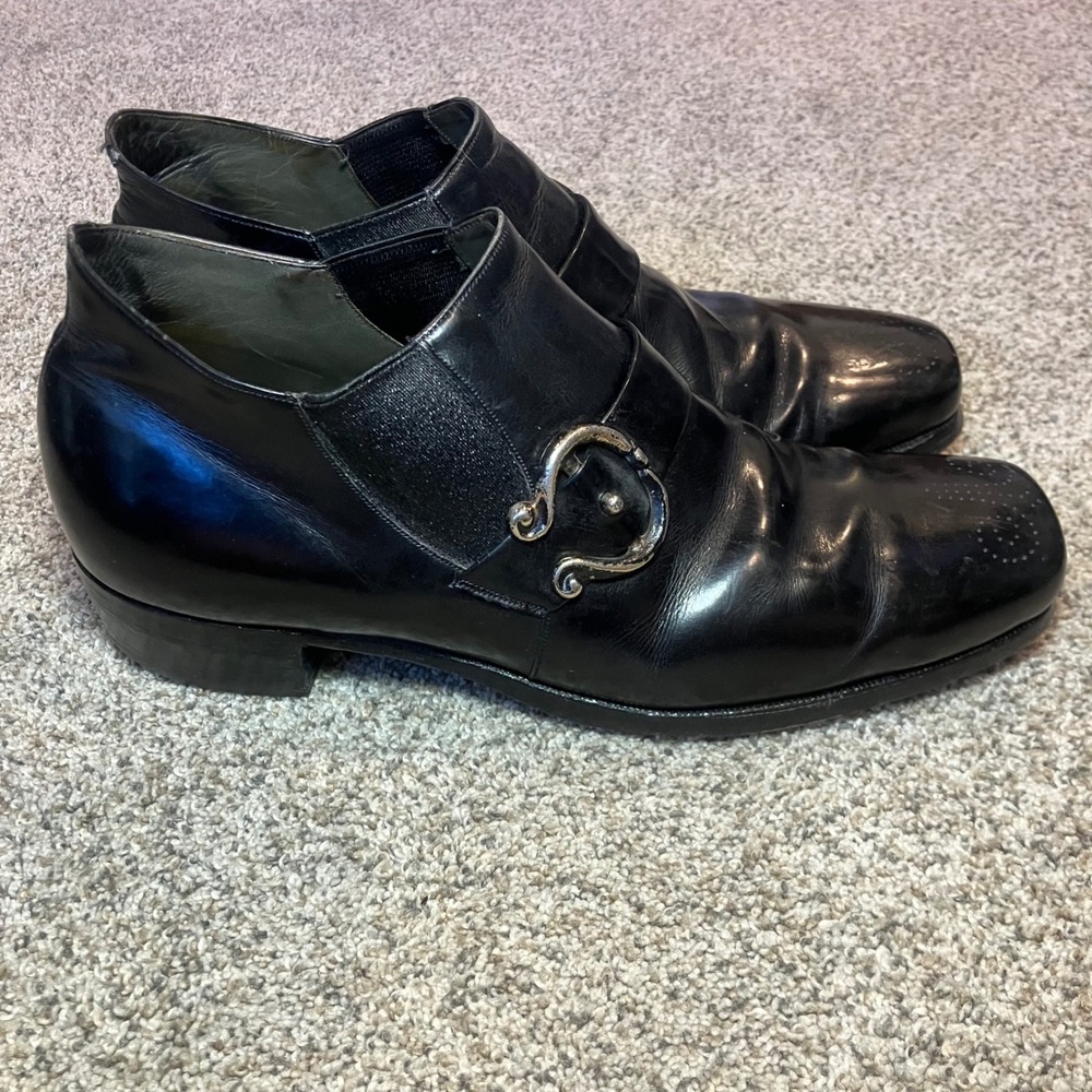 Vintage Men Black Leather Monk Strap Loafers Ornate Buckle Square Toe Size 7.5 D